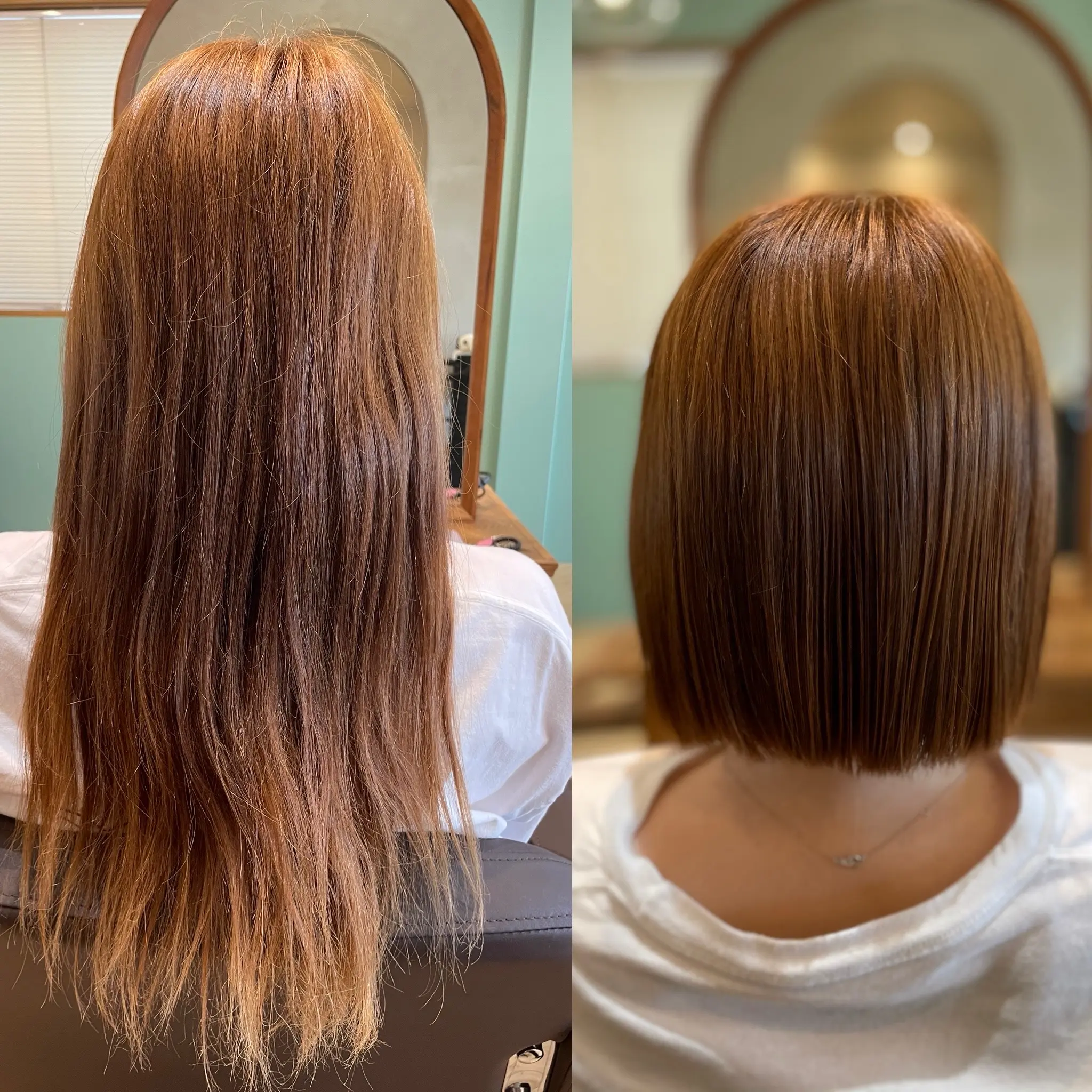 合志市の美容室|ワンレングスボブで艶のあるブラウンヘアに