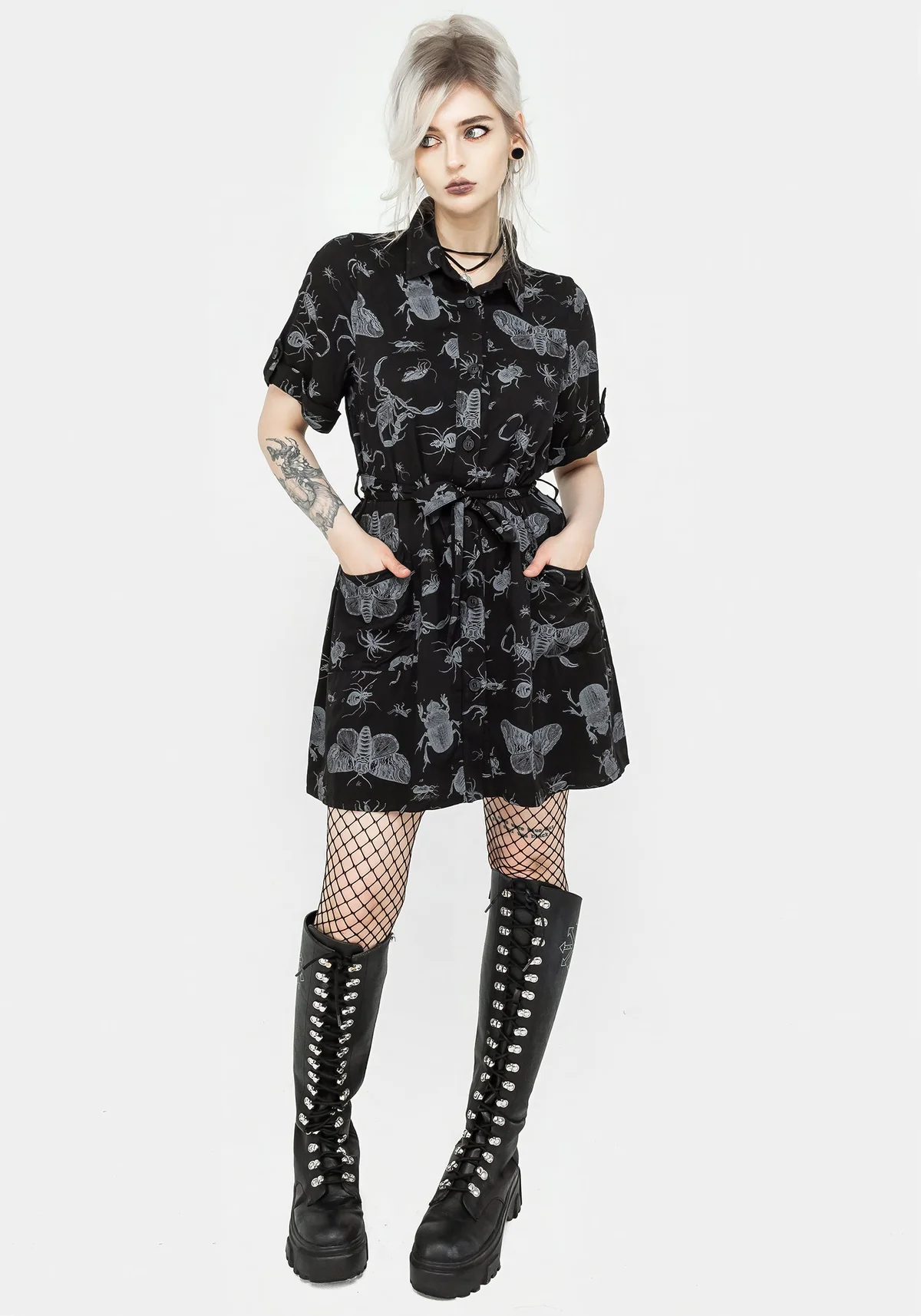 Lunafern Fern Leaf Flocked Mesh Flute Sleeve Mini Dress