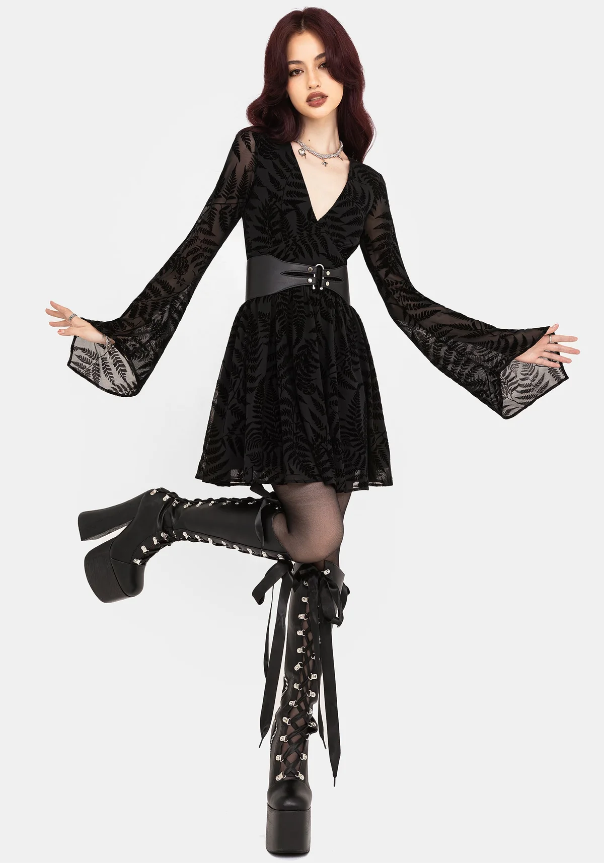 Lunafern Fern Leaf Flocked Mesh Flute Sleeve Mini Dress 2