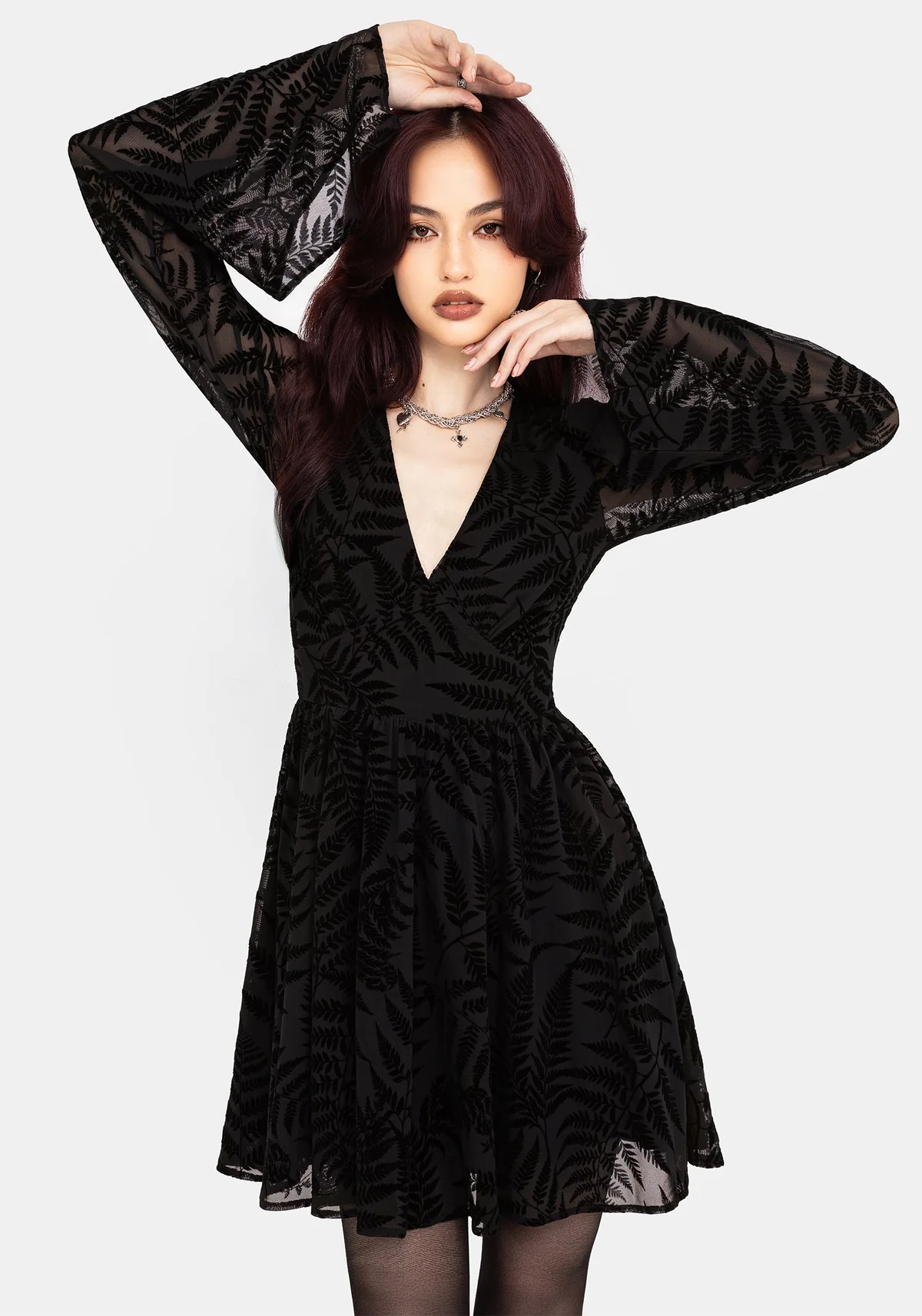 Lunafern Fern Leaf Flocked Mesh Flute Sleeve Mini Dress 3