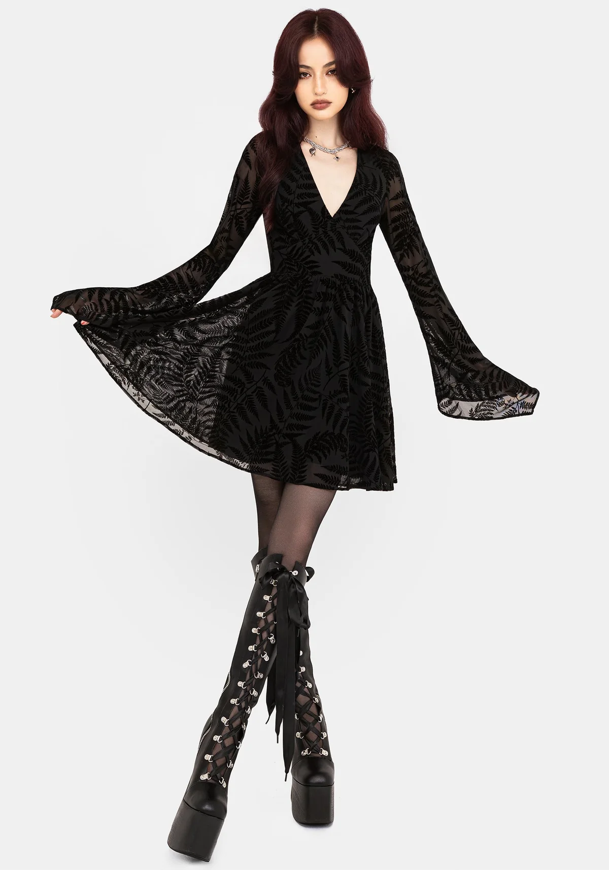 Lunafern Fern Leaf Flocked Mesh Flute Sleeve Mini Dress 4