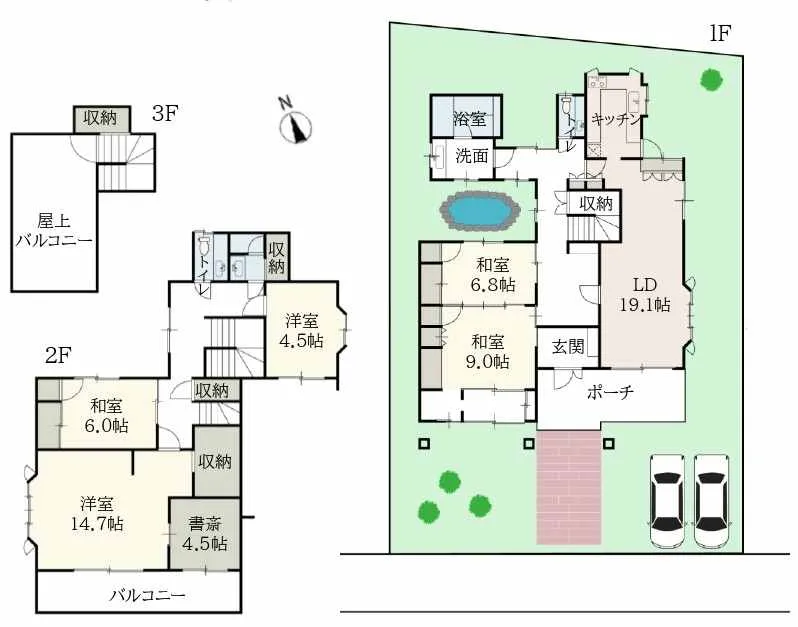 長生郡白子町中古戸建の3階建て間取り図・プール付き庭園
