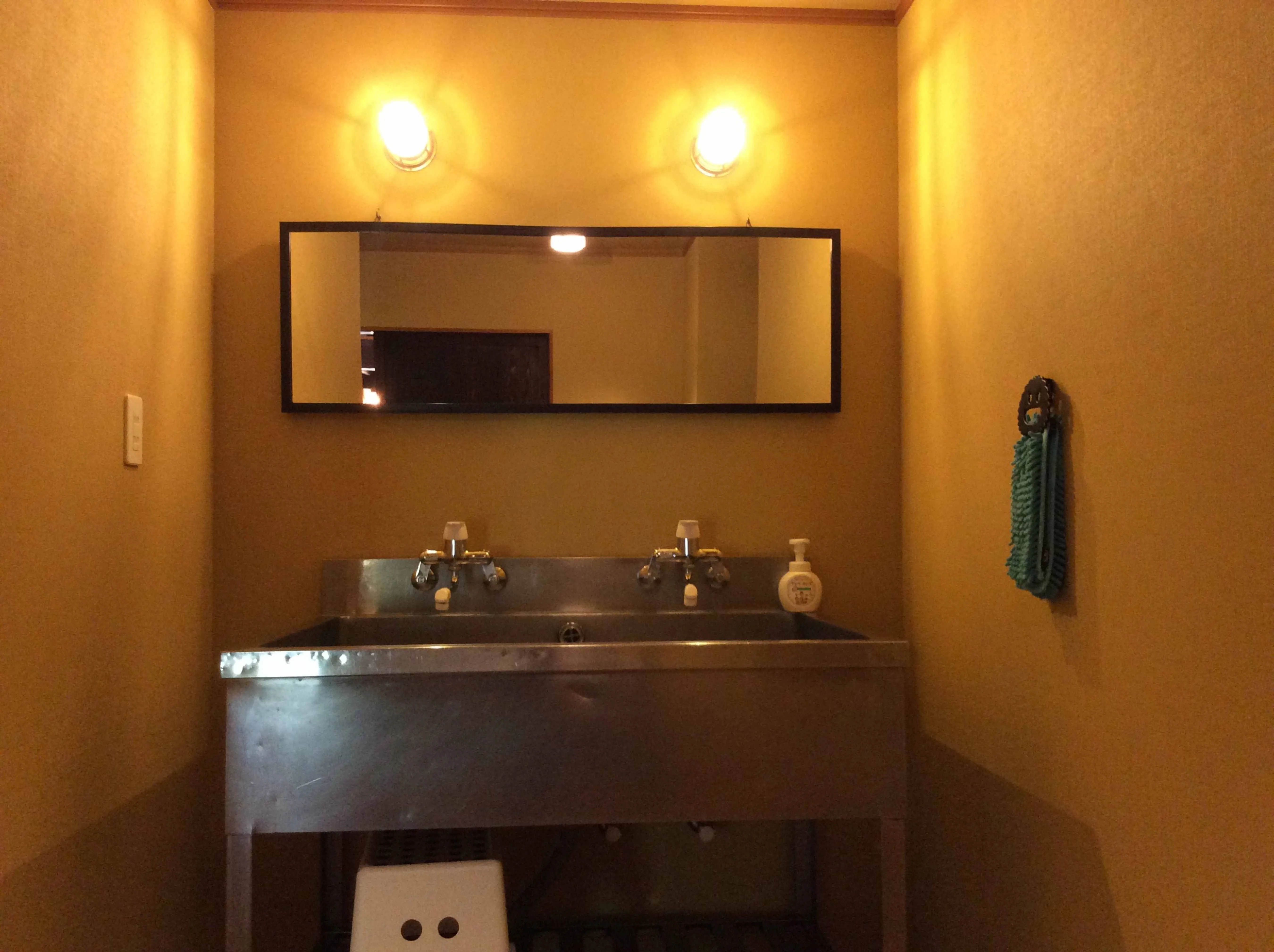 富津市岩本中古戸建の洗面所、ステンレスカウンター付きダブルボウル