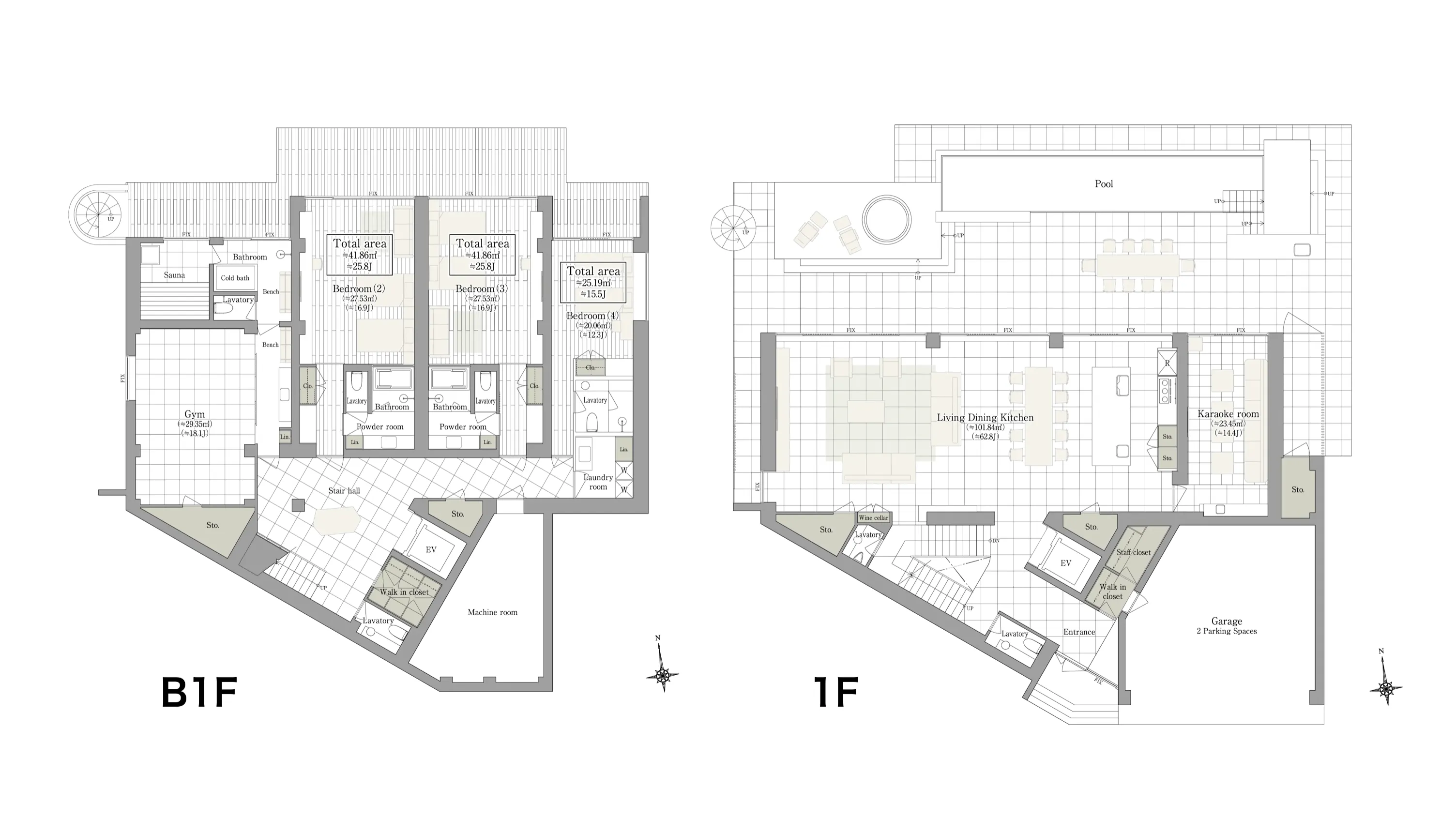 恩納村新築リゾートヴィラ Villa SKYの間取り図(B1F + 1F)