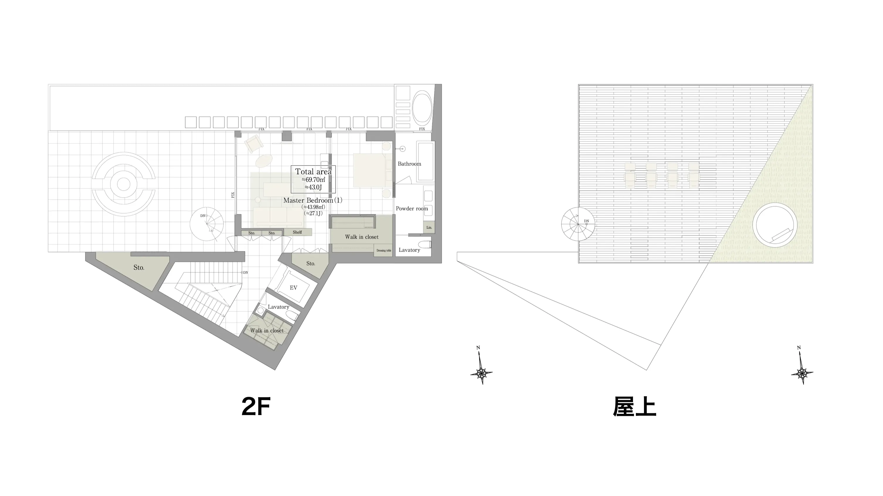 恩納村新築リゾートヴィラ Villa SKYの間取り図(2F + 屋上)