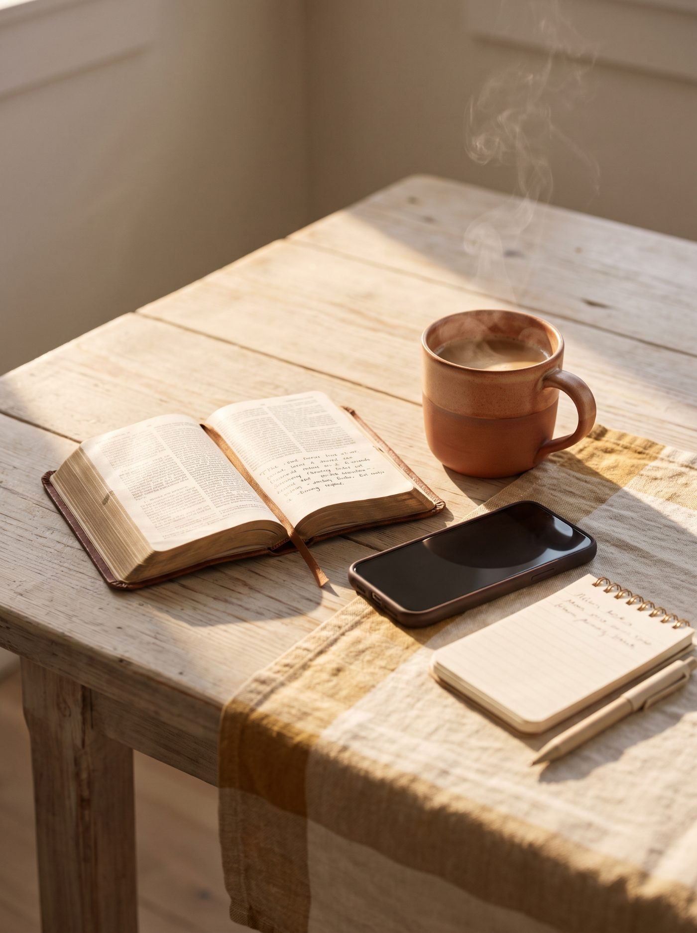 A cup of coffee and an open Bible on a table in morning light.