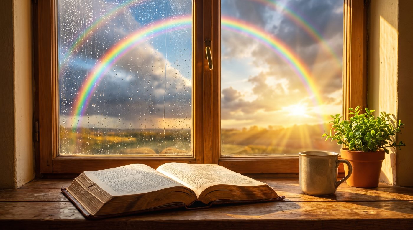 A vivid rainbow through a rain-speckled window beside an open Bible