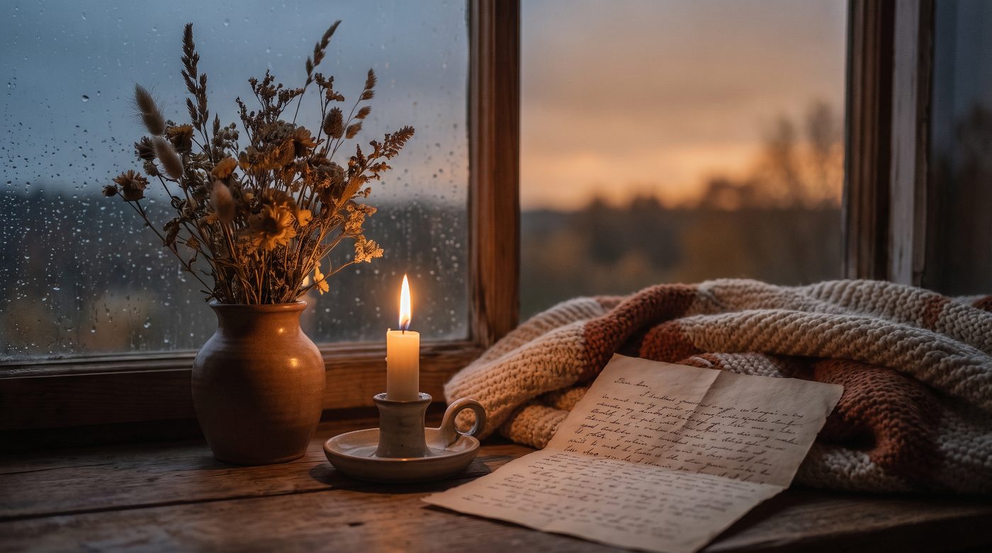 A lit candle and dried wildflowers on a windowsill at dusk