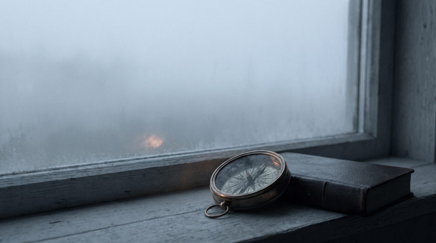 A brass compass and closed Bible on a windowsill in dense grey fog