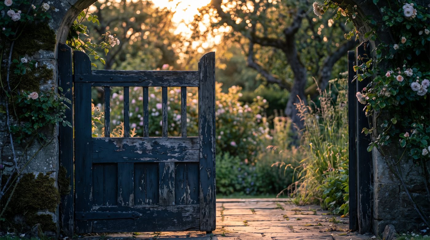 A weathered garden gate standing ajar with warm light beyond it