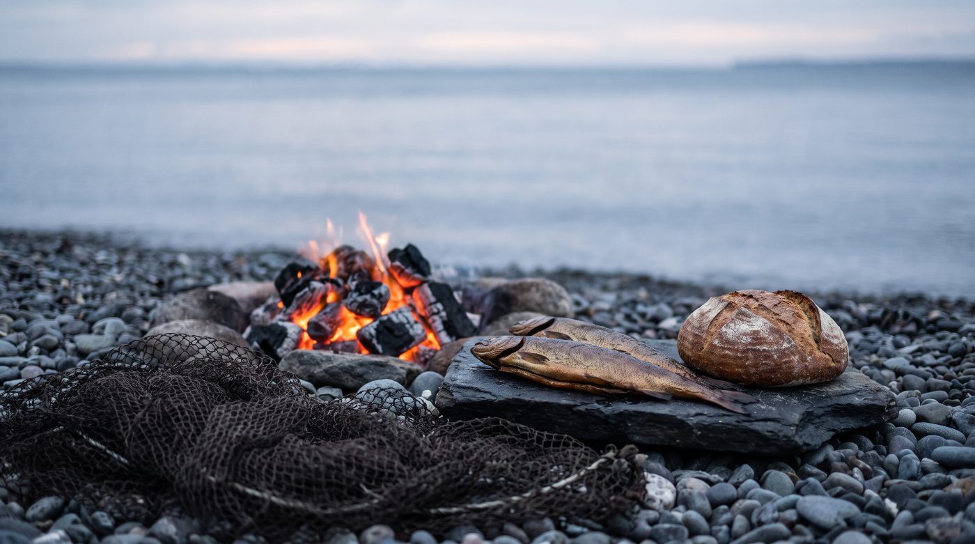 A small charcoal fire burning on a grey shoreline at dawn, with fish and bread on a stone beside it and a fishing net nearby
