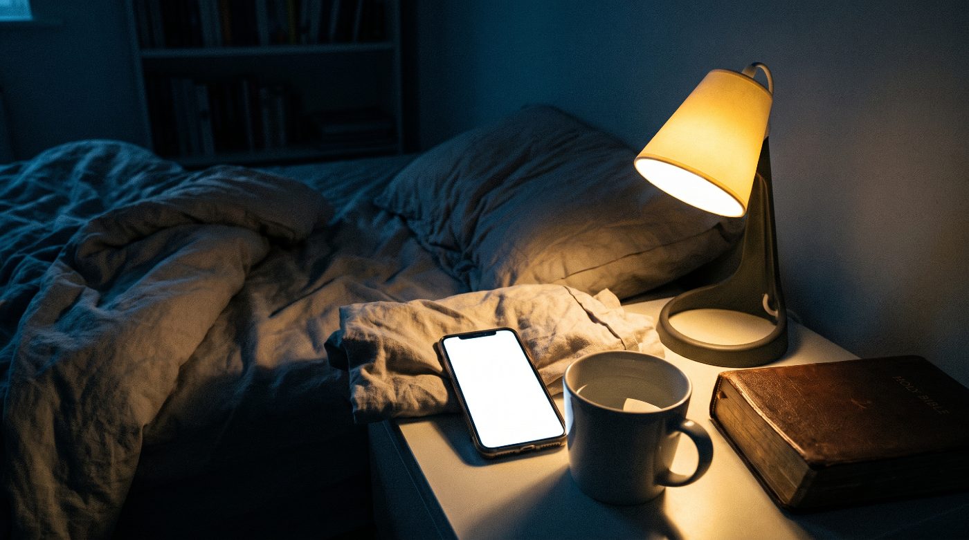 A bedside lamp lit at night beside a phone and rumpled sheets, a closed Bible nearby