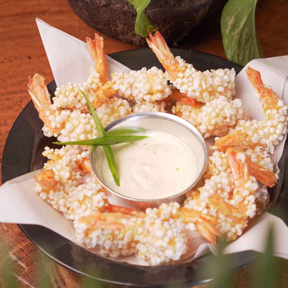 Camarones rosados empanizados con tapioca