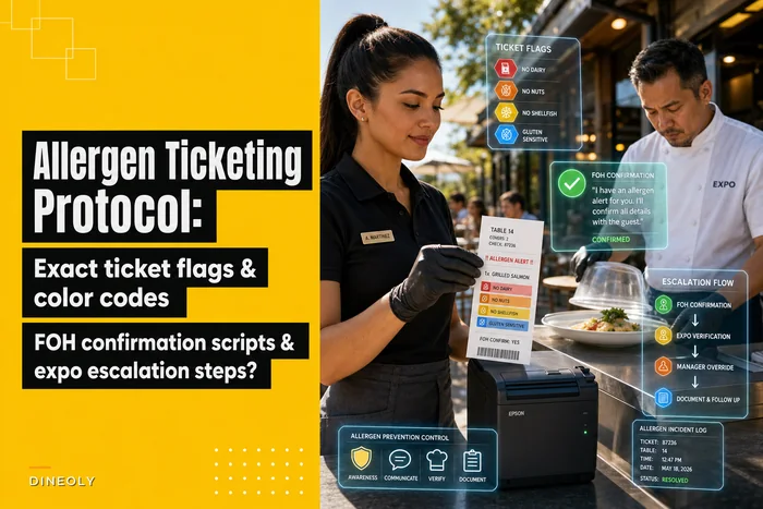 Allergen ticketing protocol: exact ticket flags, FOH confirmation scripts and expo escalation steps