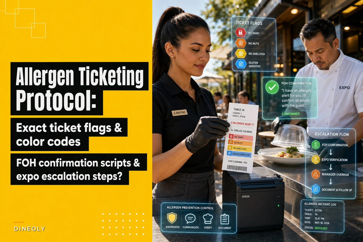 Allergen ticketing protocol: exact ticket flags, FOH confirmation scripts and expo escalation steps