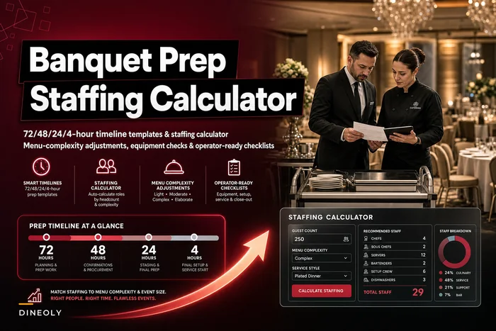 Banquet prep timeline and staffing calculator: 72/48/24/4‑hour templates linked to menu complexity