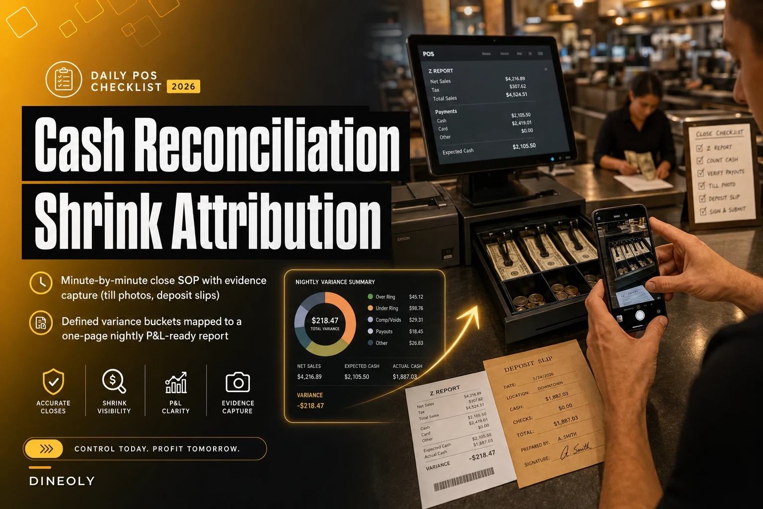 Daily POS cash reconciliation checklist with shrink attribution