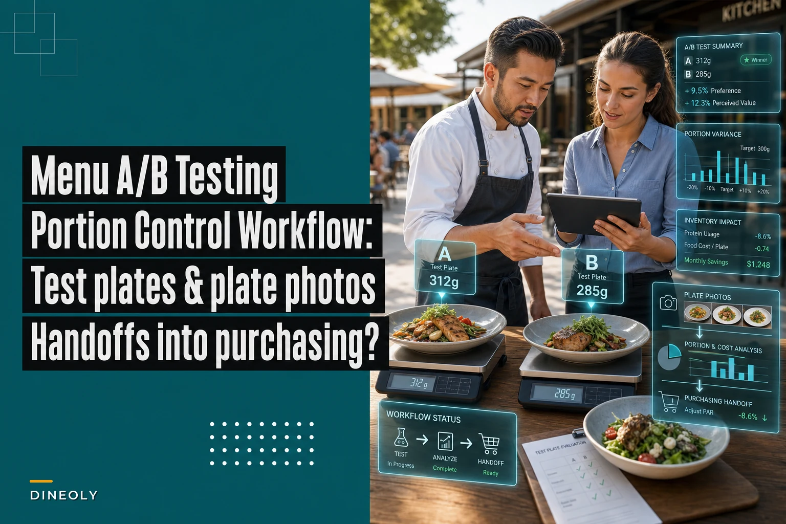 Menu A/B testing and portion-control workflow: test plates, plate photos and purchasing handoffs