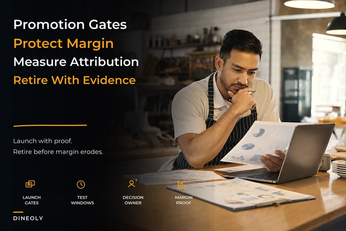 Menu and promotions lifecycle governance with launch gates and attribution