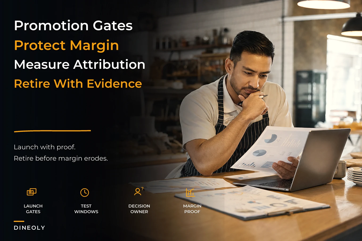 Menu and promotions lifecycle governance with launch gates and attribution