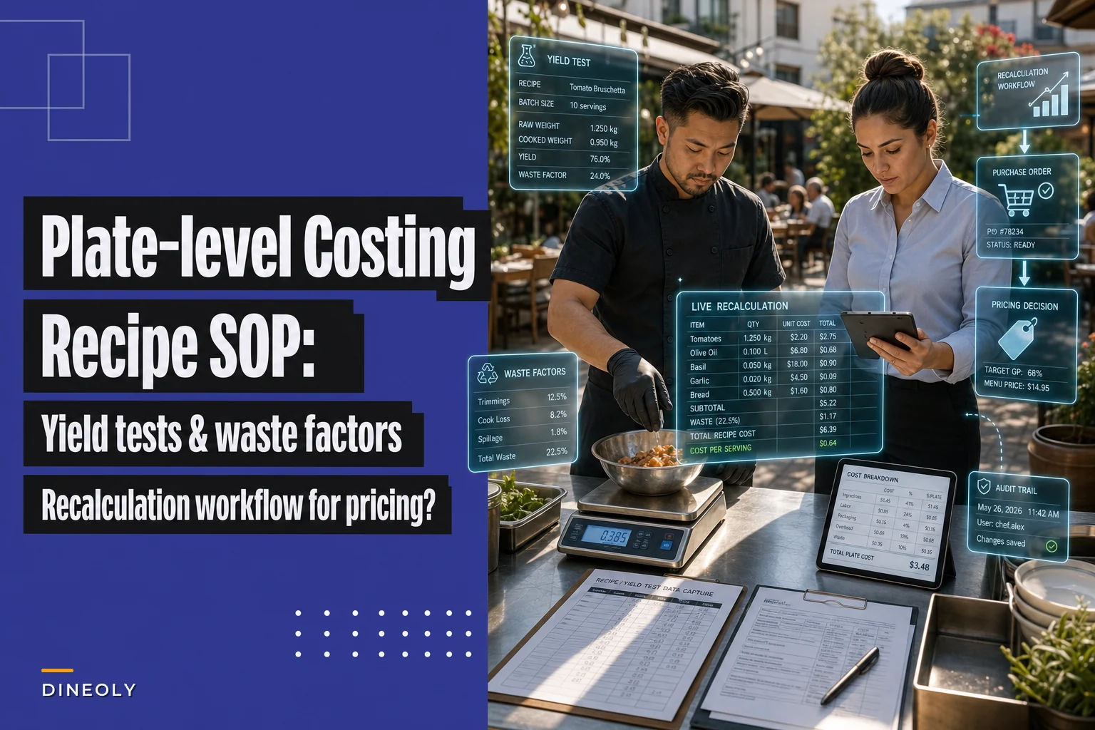 Plate-level recipe costing SOP: yield tests, waste factors and a re-calculation workflow for pricing