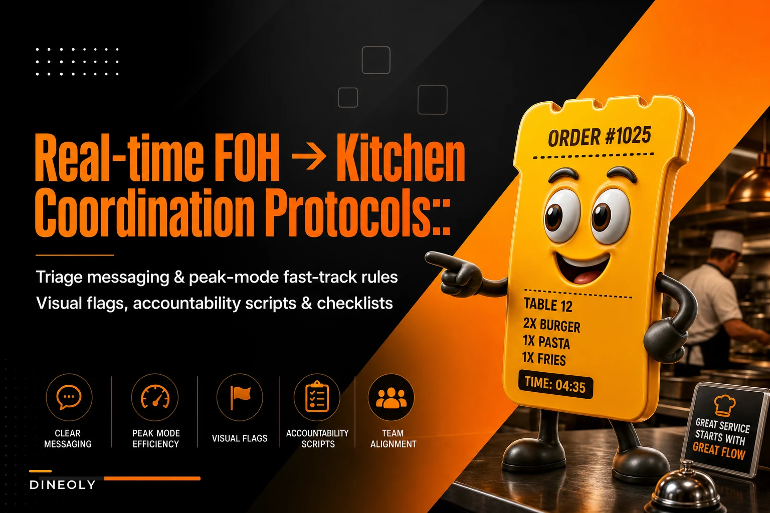 Real-time FOH→kitchen coordination protocols: triage messaging, peak-mode fast-track rules and accountability scripts