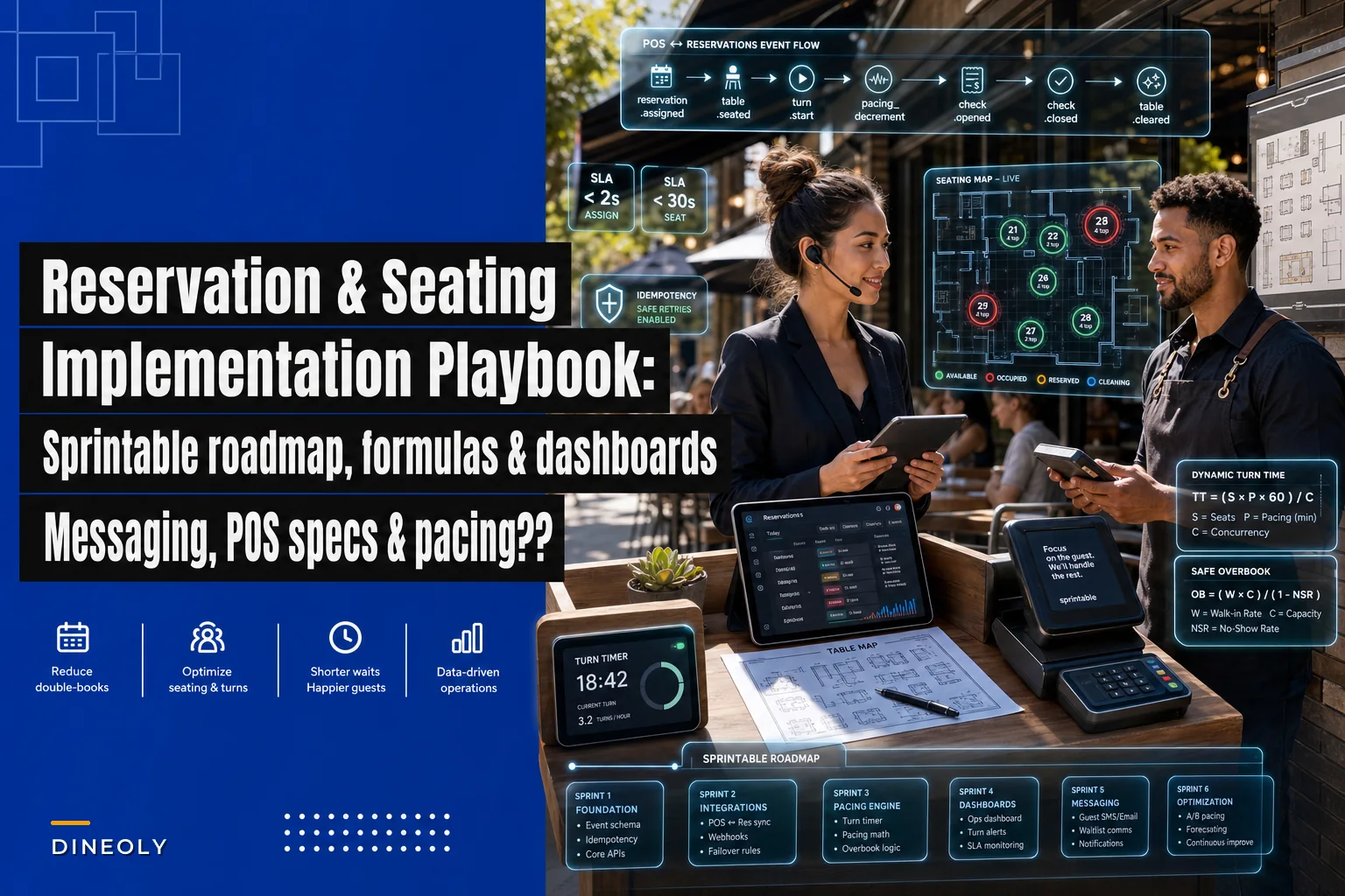 Reservation + Seating Implementation Playbook: sprintable roadmap, formulas, dashboards, messaging, POS specs to cut double‑books and waitlists