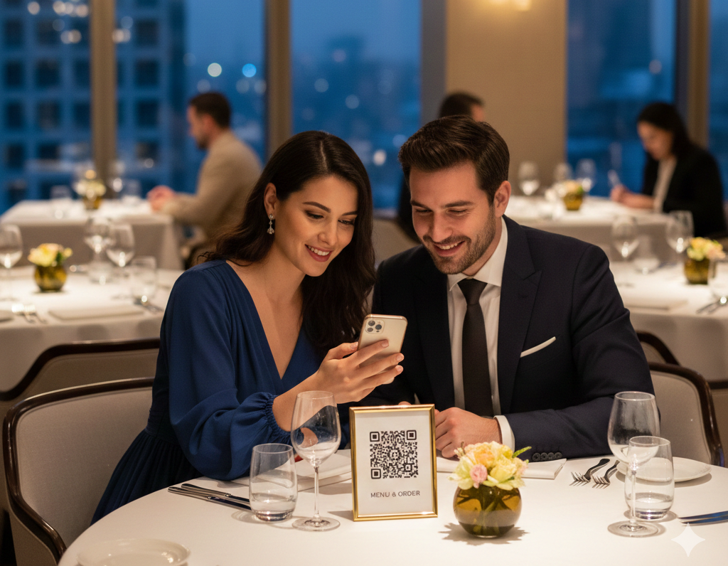 Smiling couple in restaurant