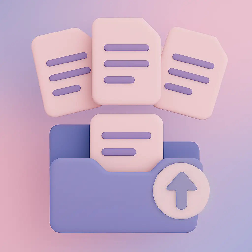 Illustration of multiple documents being uploaded to a cloud.
