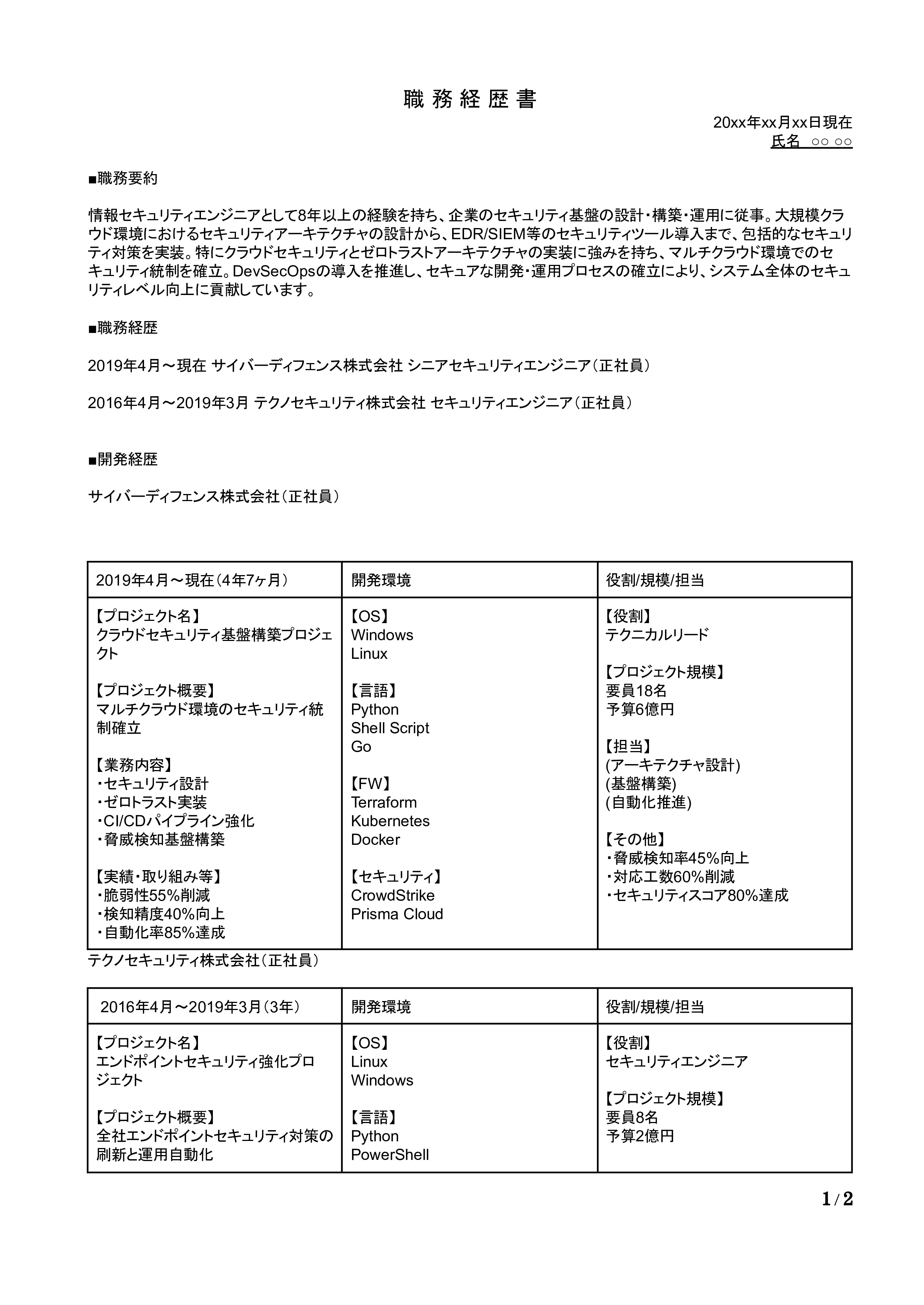 情報セキュリティの職務経歴書の書き方見本
