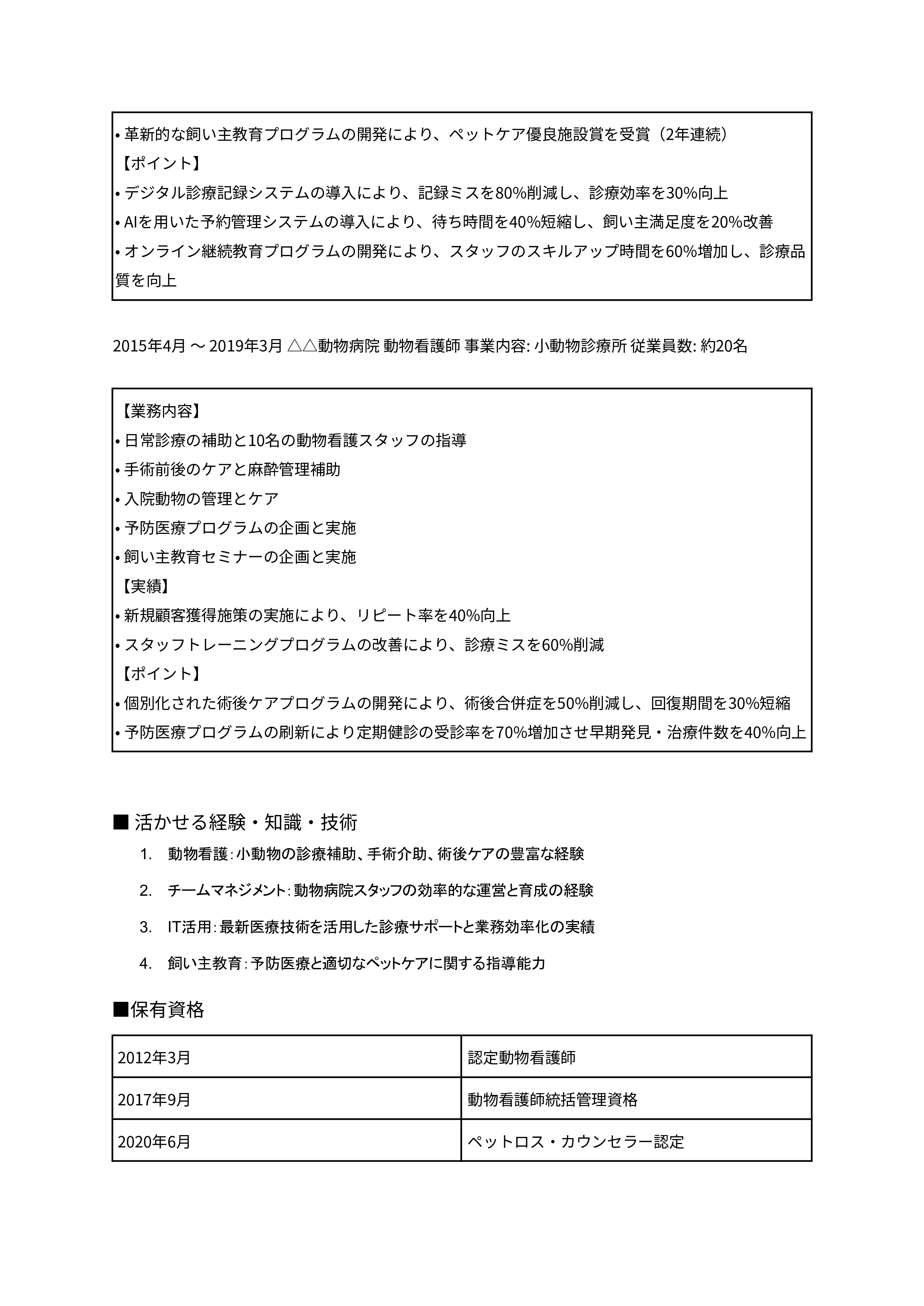 動物看護師の職務経歴書の書き方見本