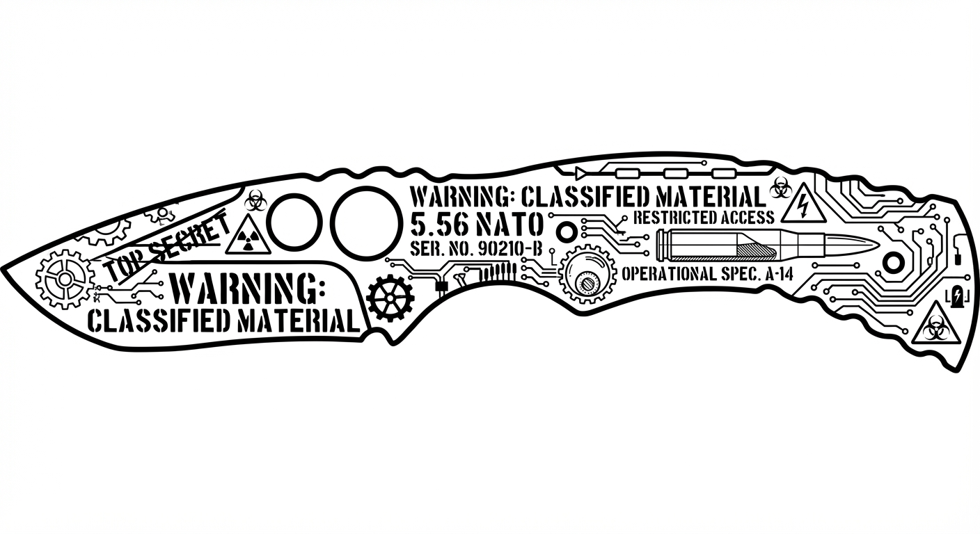 Military stencil typography and warning symbols mixed with technical schematics, ammo caliber specs, serial numbers, and crossed-out classified text. Utilitarian mil-spec aesthetic, high contrast.