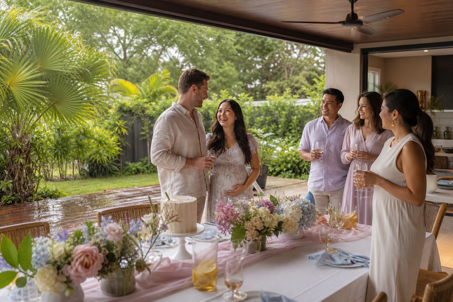 A gender reveal celebration under a shaded Brisbane verandah after summer rain
