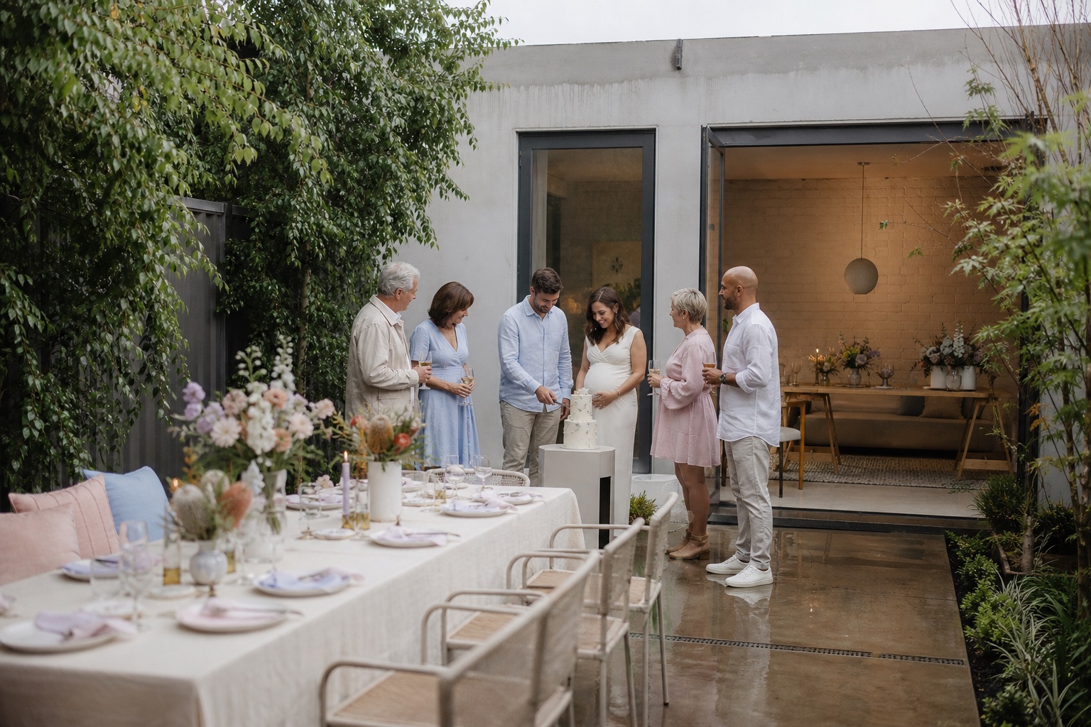 An intimate gender reveal celebration in a leafy Melbourne courtyard with an indoor wet-weather space