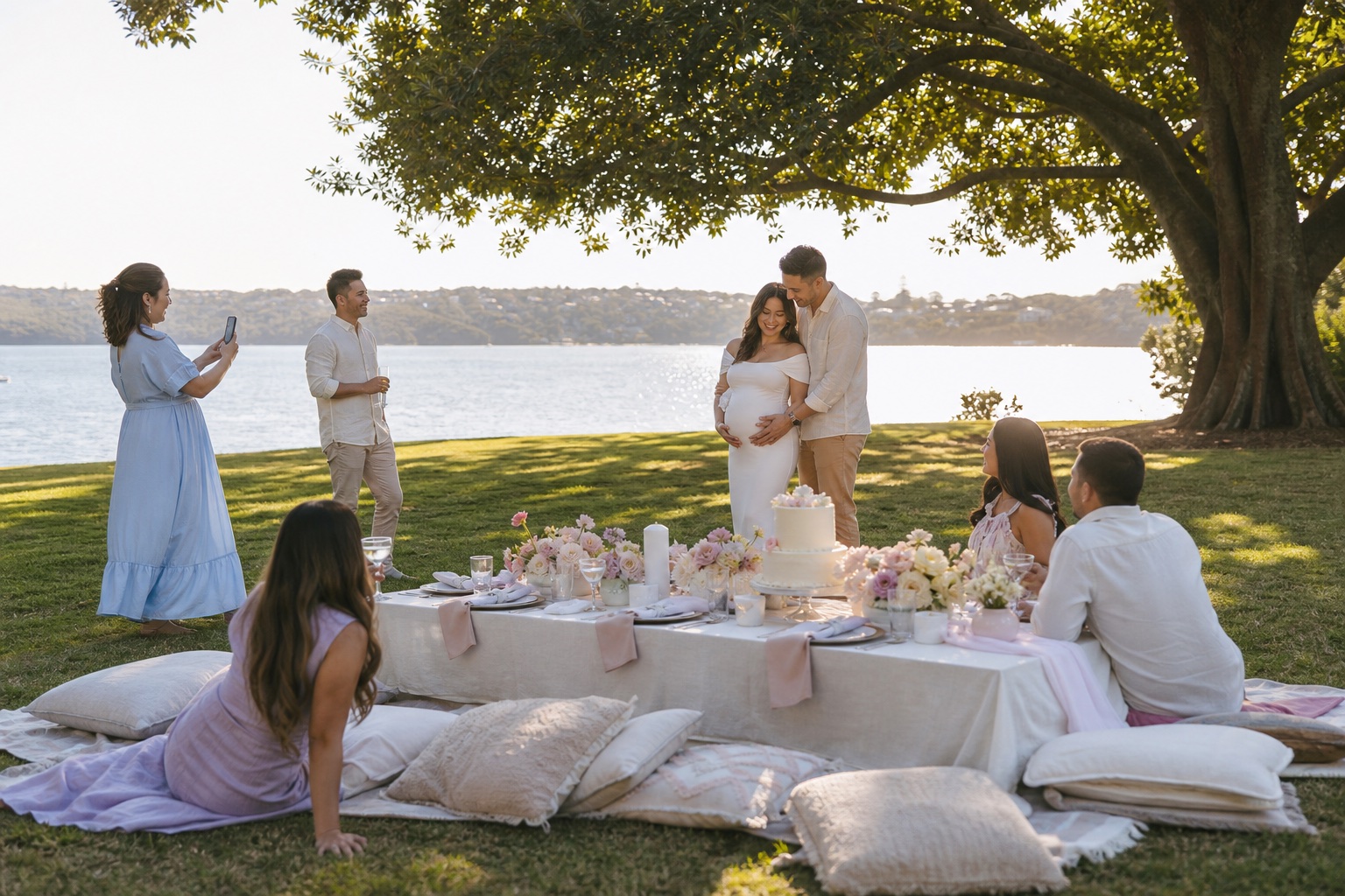 A small gender reveal picnic on a shaded Sydney harbour-side lawn at golden hour