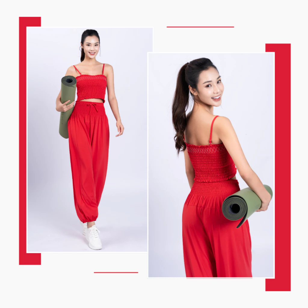 Bộ Đồ Tập Yoga Nữ Livan Smocking LV24N01F505 Áo Croptop 2 Dây Có Đệm & Quần Alibaba Thoải Mái Đi Chơi, Tập Yoga Flow