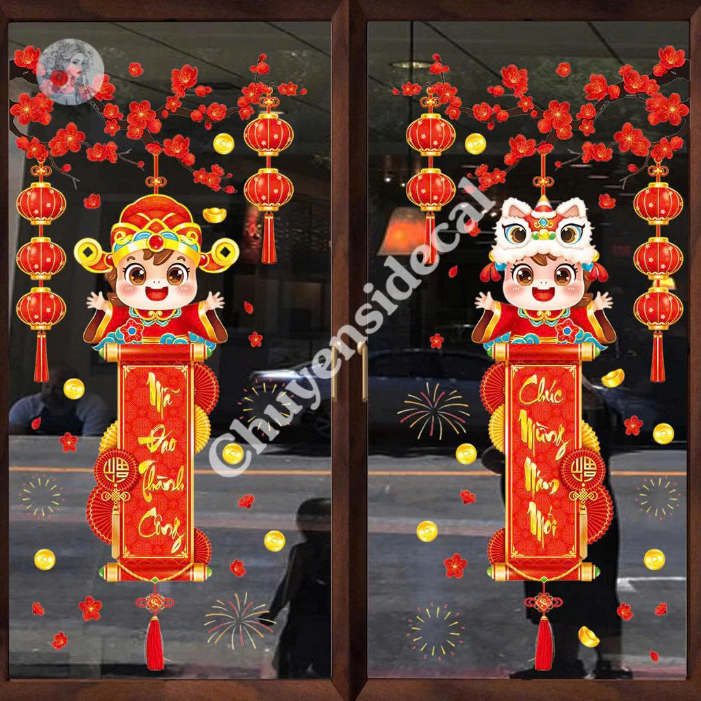 Decal Tết 2026 Tiếng Việt Hít Tĩnh Điện – Bé Lân Cờ Đỏ Chúc Mừng Năm Mới, Khổ 60x90cm
