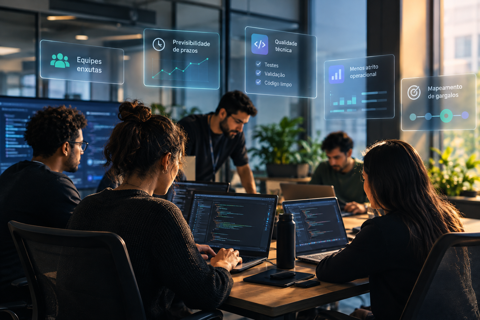 Squad com IA formado por desenvolvedores trabalhando em equipe para aumentar a produtividade, reduzir gargalos e melhorar a entrega de projetos de tecnologia.