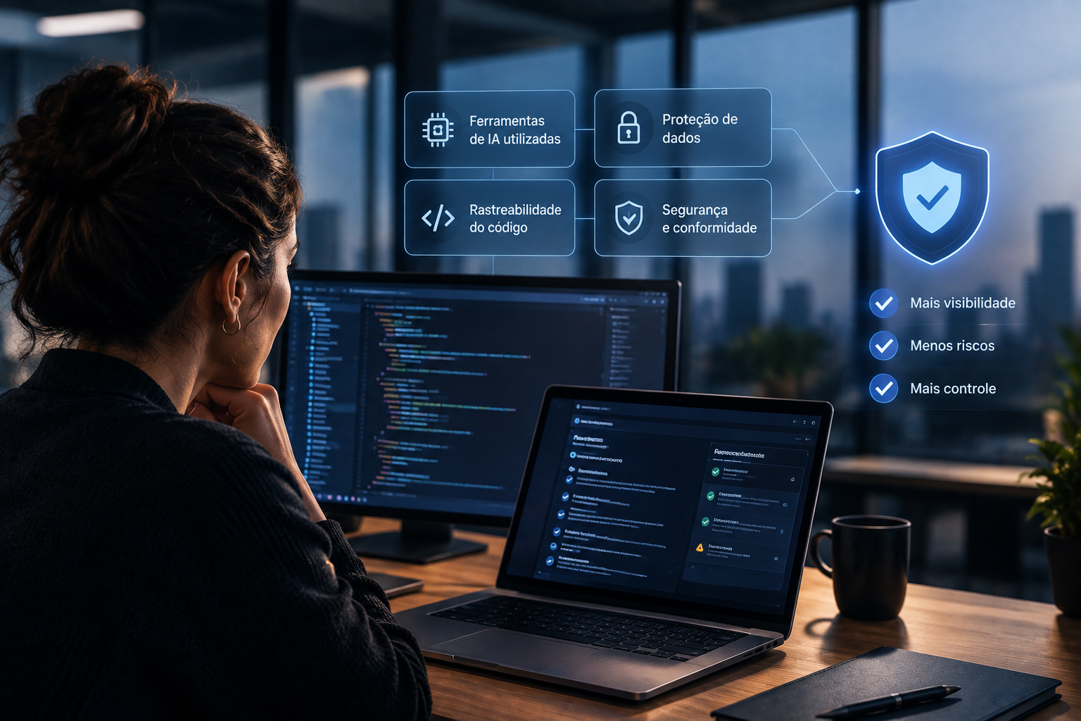 Auditoria de software em ambiente de tecnologia, com profissional analisando código e indicadores de segurança, rastreabilidade e uso de IA.