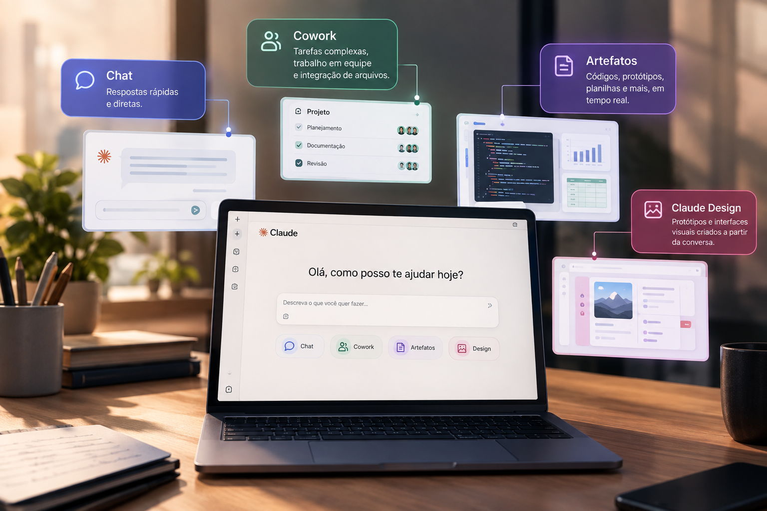 Claude Cowork integrado ao Chat, Artefatos e Claude Design em uma única interface de inteligência artificial.