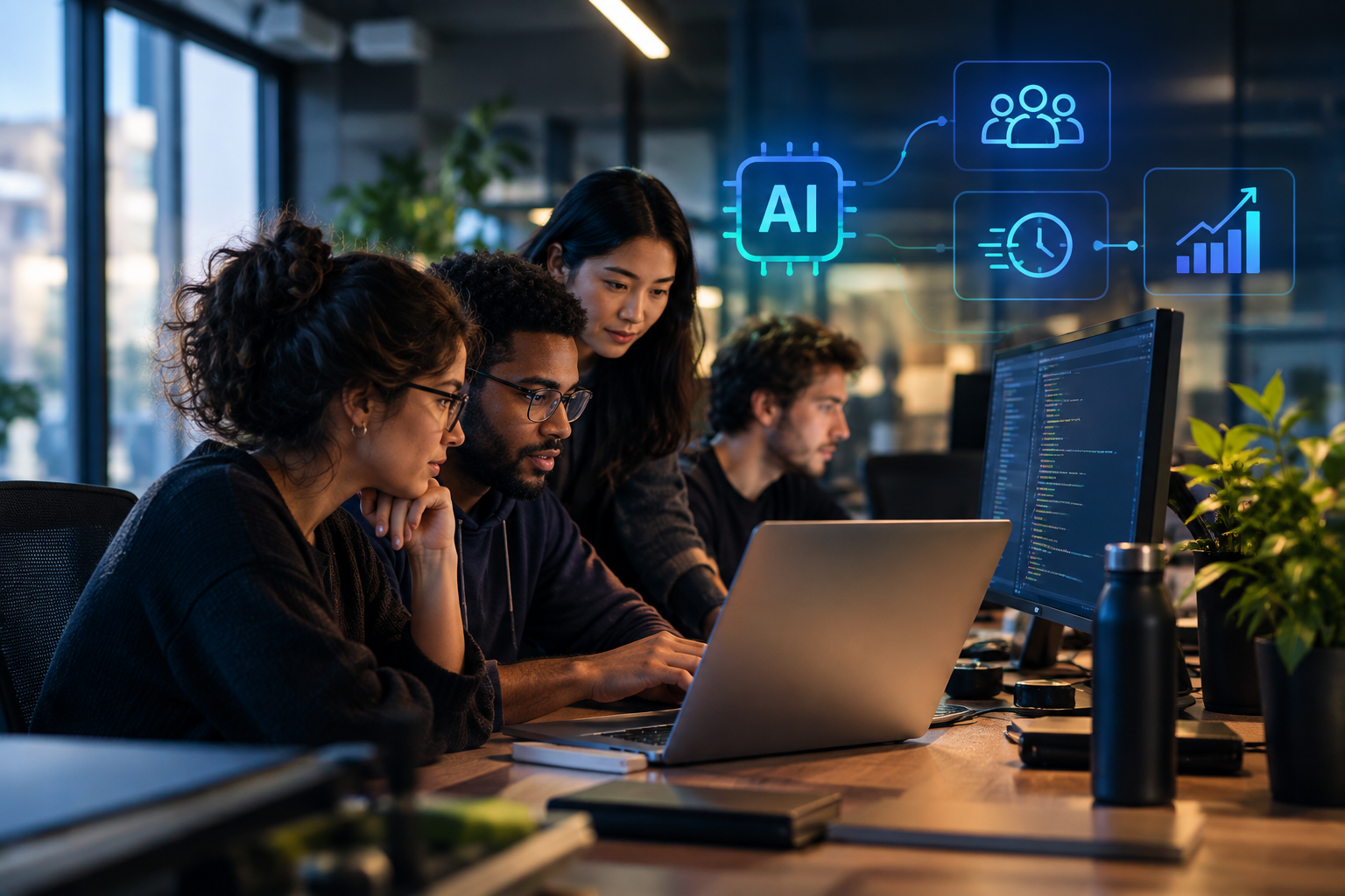 Equipe de tecnologia trabalhando com IA para aumentar a produtividade e acelerar resultados em squads de tecnologia.