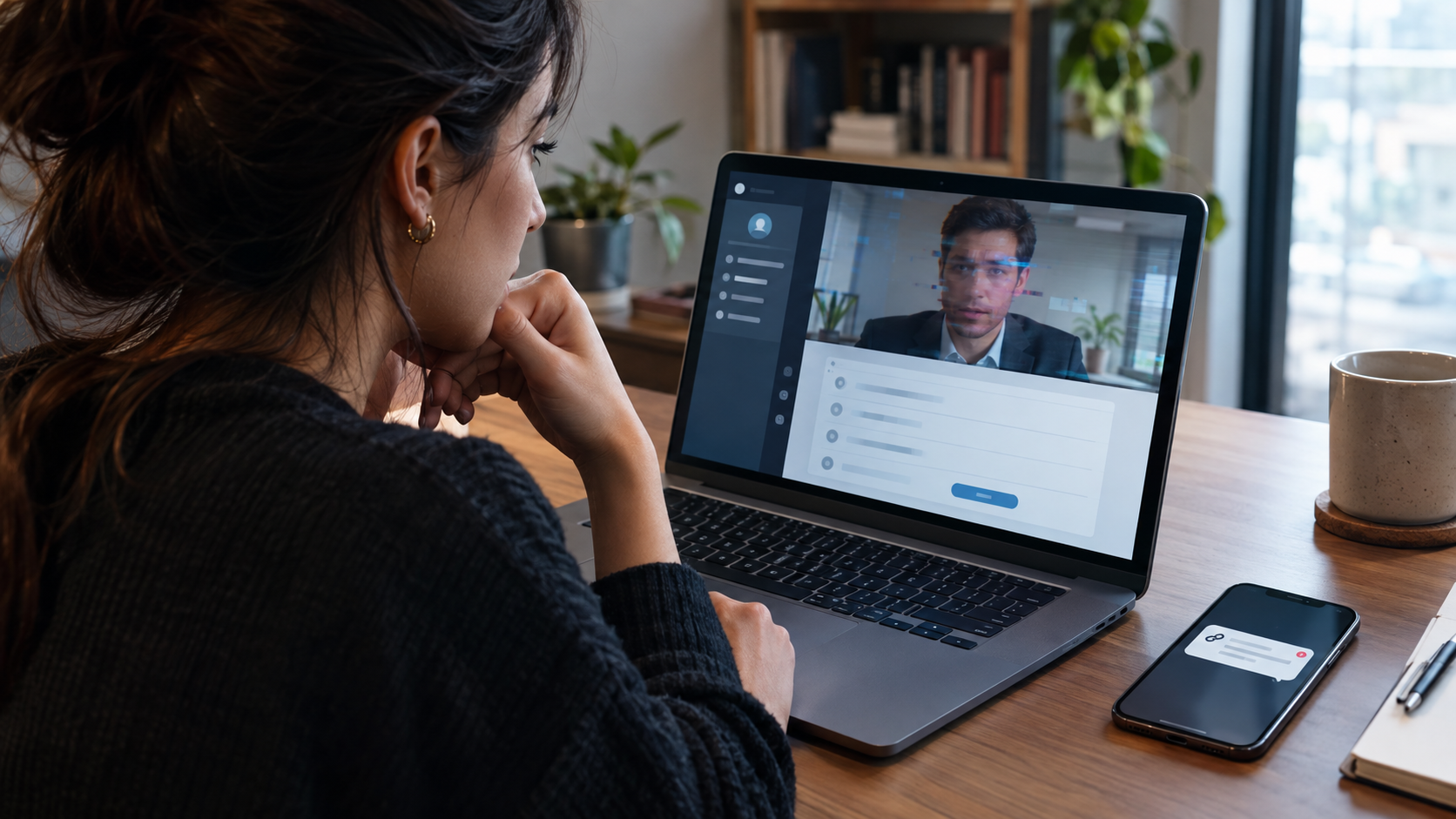Jovem profissional diante do notebook durante uma falsa entrevista de emprego, com recrutador apresentando distorções de deepfake na videochamada e mensagem com link suspeito no celular.