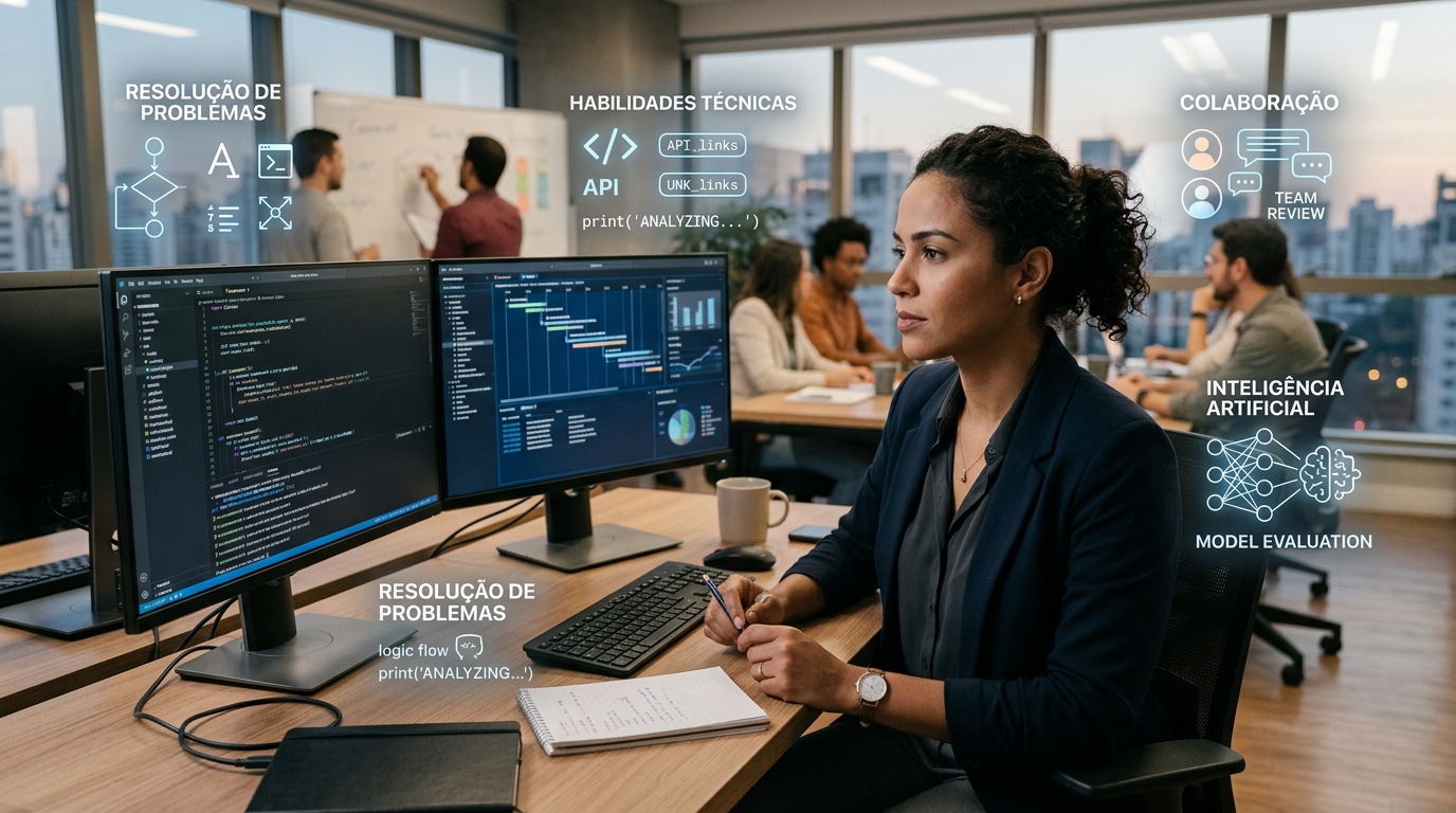Uma profissional de tecnologia negra focada em analisar dados em monitores de computador em um ambiente de trabalho moderno. A imagem inclui textos flutuantes sobre "Resolução de problemas", "Habilidades técnicas", "Colaboração" e "Inteligência artificial". Ao fundo, colegas de trabalho e a paisagem urbana de uma cidade ao pôr do sol.
