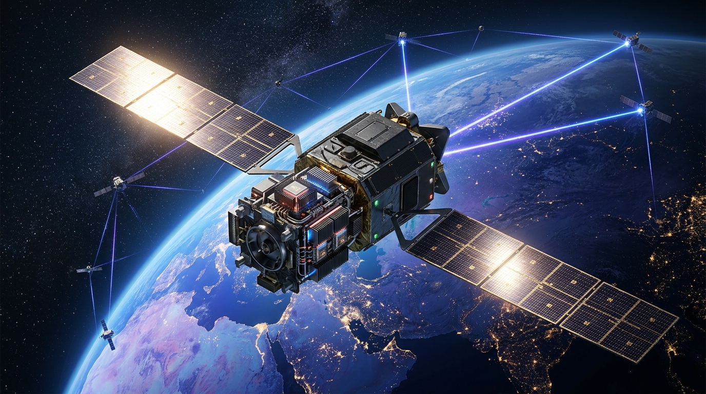 Satélite com chips de IA em órbita da Terra conectado por lasers para computação espacial e processamento de dados.