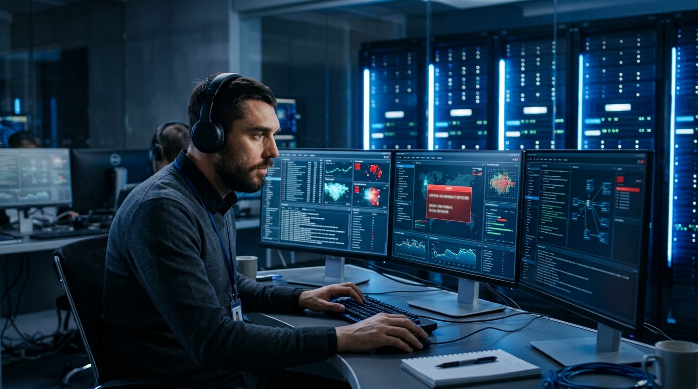 Um especialista em cibersegurança com fones de ouvido está focado em sua estação de trabalho de monitoramento de três monitores. Ele analisa logs e gráficos de rede, identificando um alerta de intrusão crítico em um servidor central, que representa uma vulnerabilidade PHP2Shell detectada no sistema.