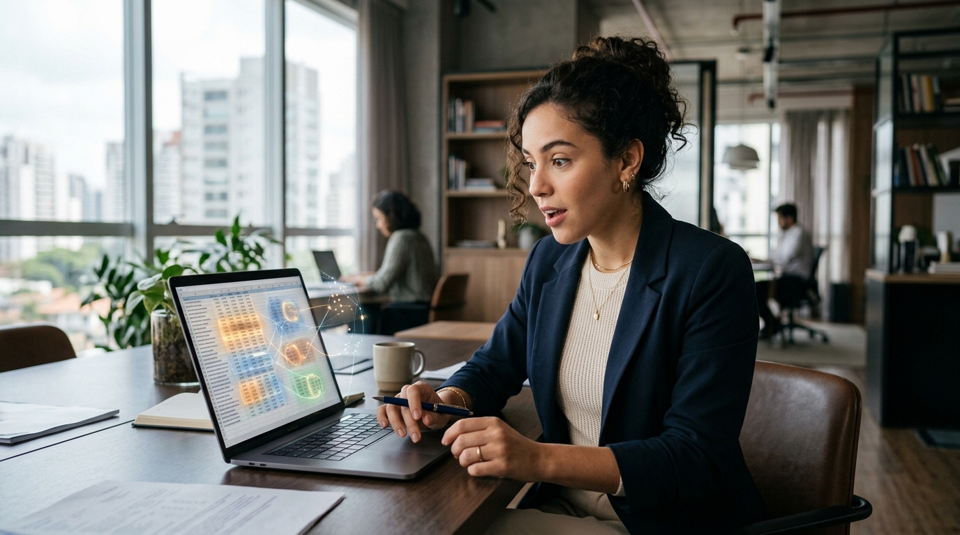 Uma profissional surpresa no escritório enquanto usa um notebook que mostra uma visualização de como usar IA para analisar planilhas com gráficos interativos e projeções de dados futuristas.