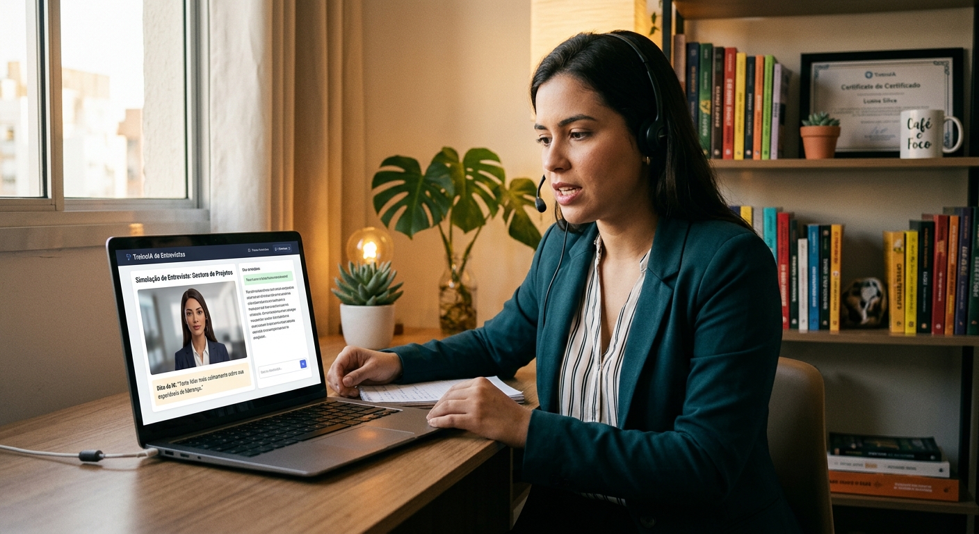 Pessoa em home office usando um laptop para treinar com IA para entrevistas de emprego, interagindo com uma simulação virtual na tela.