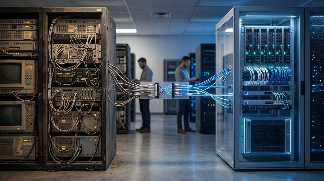 Um rack de sistema legado com cabeamento emaranhado e equipamentos antigos é comparado a um servidor moderno organizado com luzes LED azuis, mostrando a transição e os benefícios da modernização da infraestrutura de TI.
