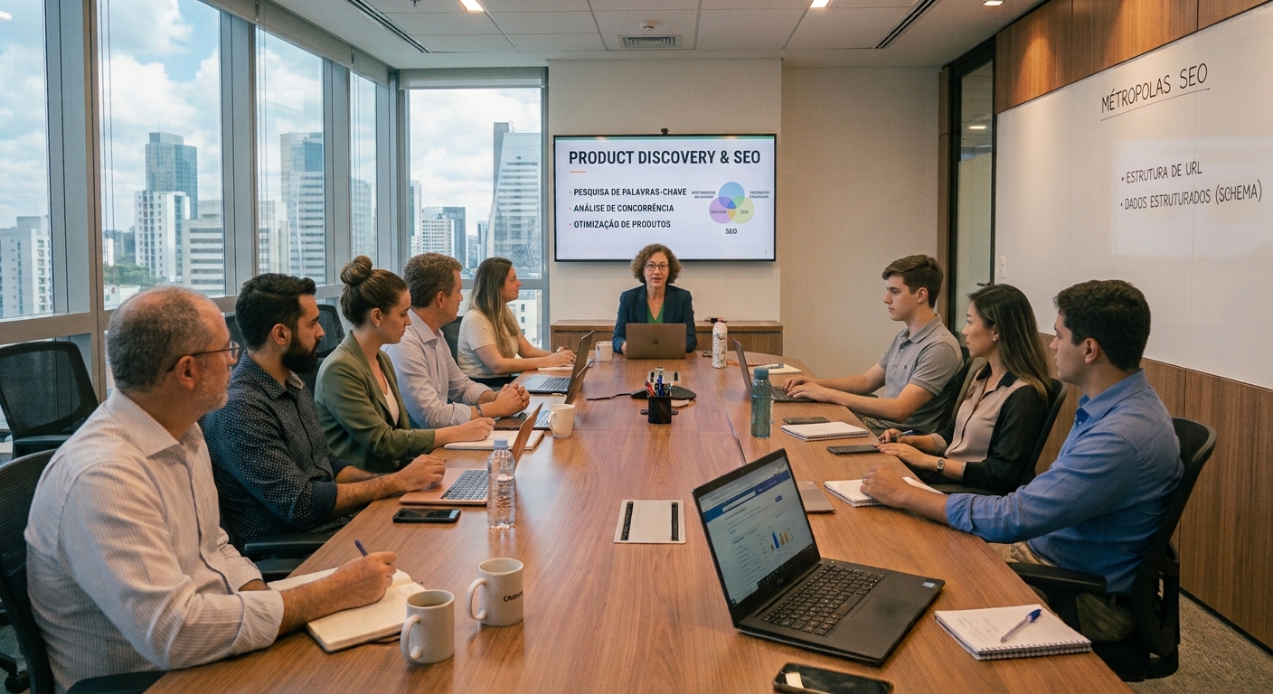 Equipe corporativa analisando métricas e processo de product discovery em sala de reunião.