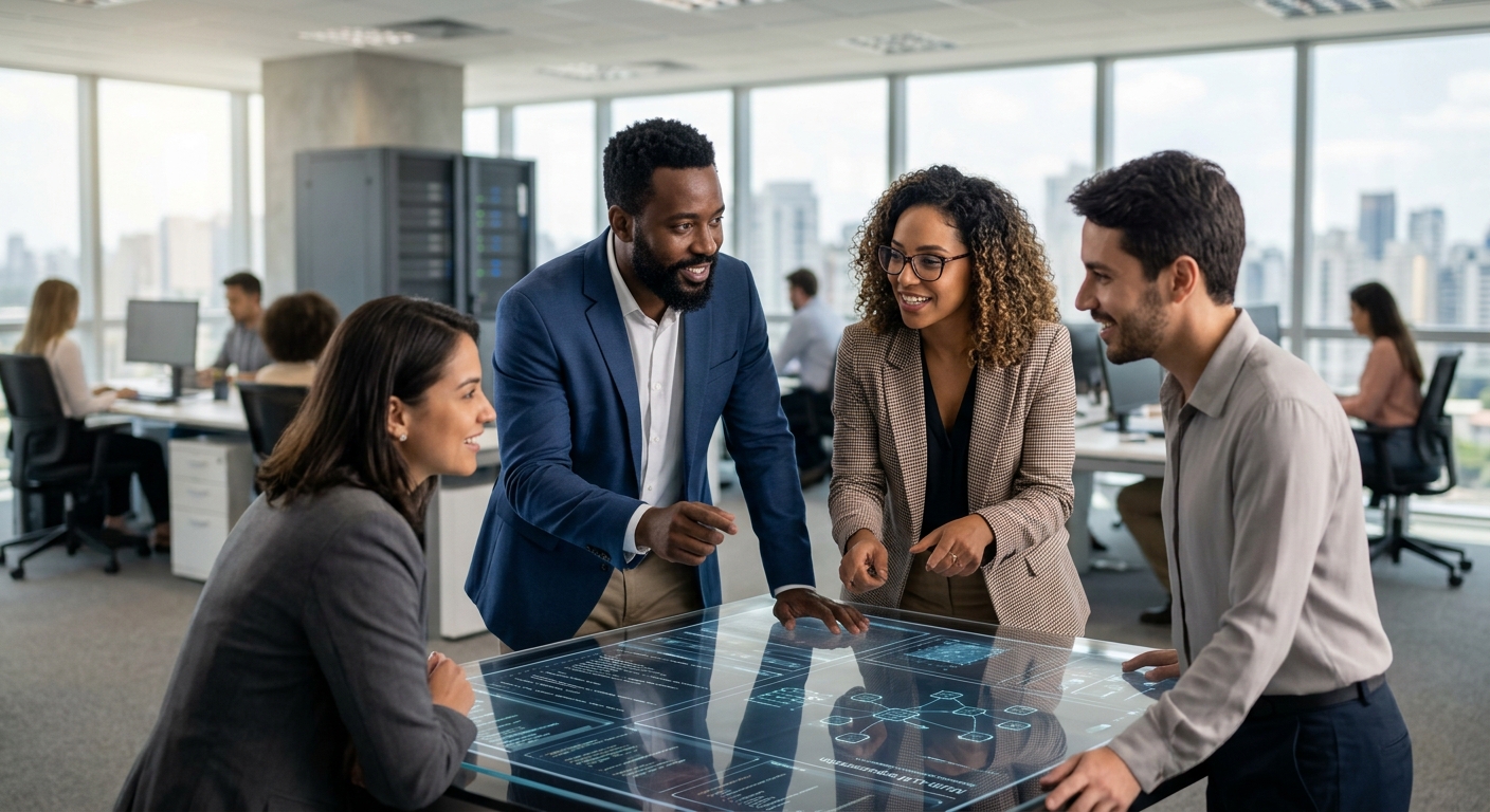 Uma equipe profissional de TI e negócios em um escritório moderno, colaborando ativamente diante de uma grande tela transparente que exibe dados e diagramas de orquestração Multi-LLM, eliminando o risco de depender de um único modelo de IA com eficiência e liberdade de escolha.